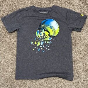Grey shirt with blue and green “crumbling” baseball